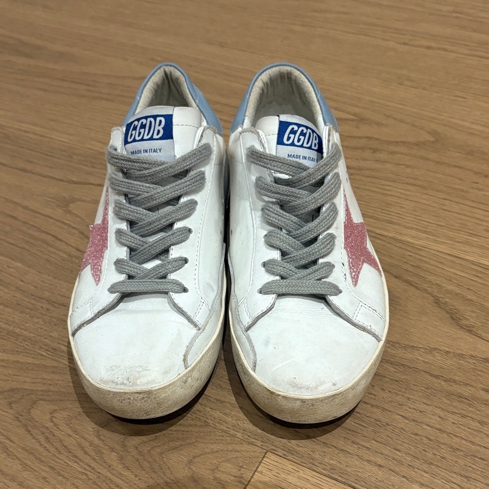 Golden Goose White Leather Sneakers with Pink Glitter Star and Gray Laces
